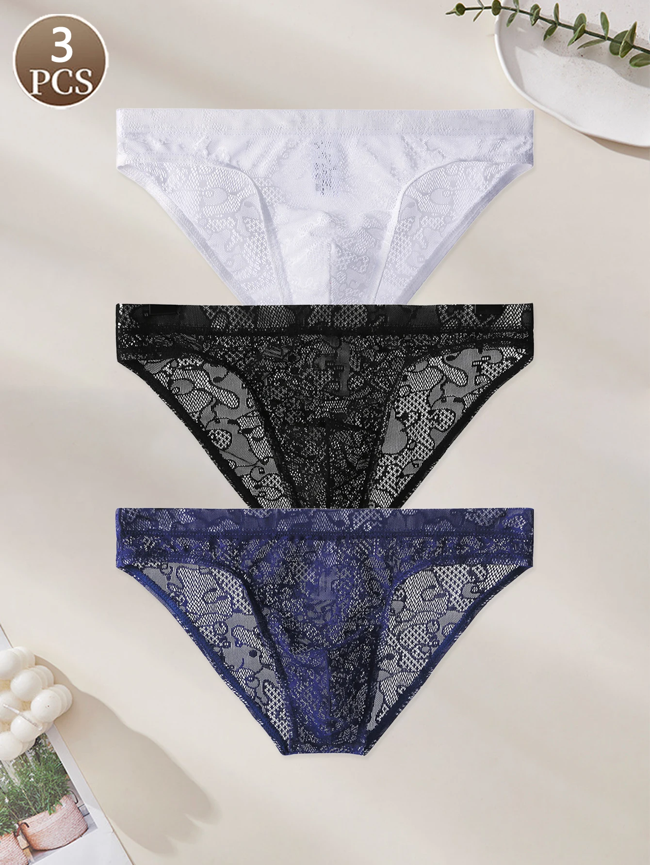 

3PCS Printed lace sexy semi transparent Men's low waist breathable seamless ice silk brief