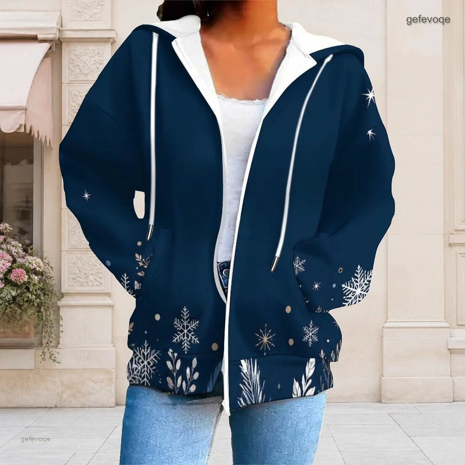 Women Navy Blue Printed Snowflake Foliage Zip Up Long Sleeve Hoodie with Pockets