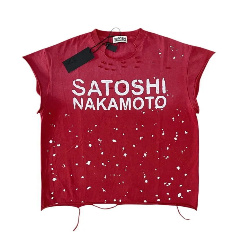 Retro Holiday Atmosphere Splashed Ink Vest Personalized Layered Tops Ripped Red Satoshi Nakamoto T-shirt Vest