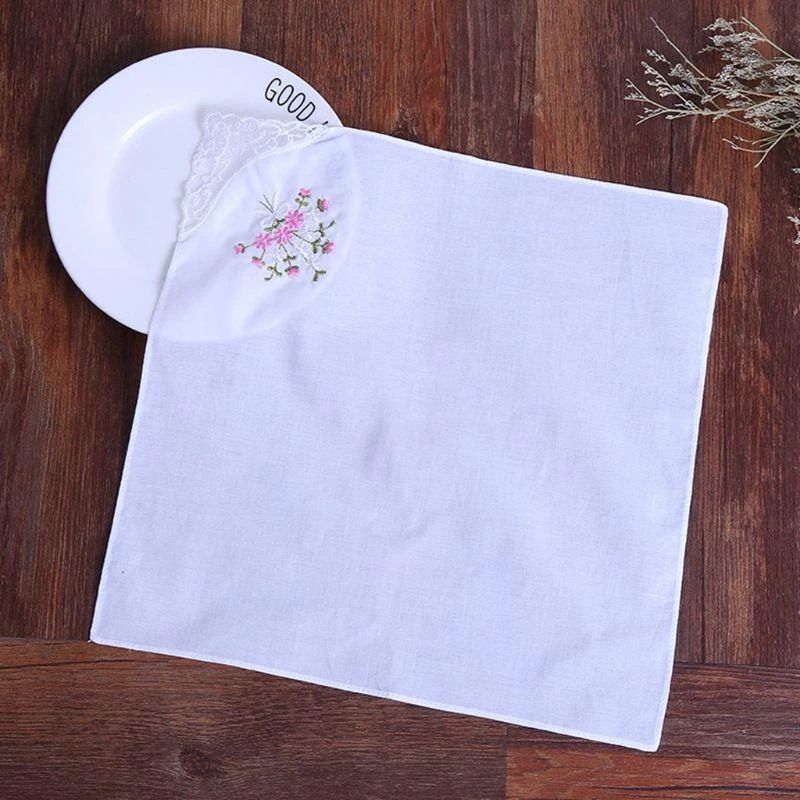 

50LE 5Pcs/Set 11x11 Inch Womens Cotton Square Handkerchiefs Floral Embroidered with for Butterfly Lace Corner Pastoral