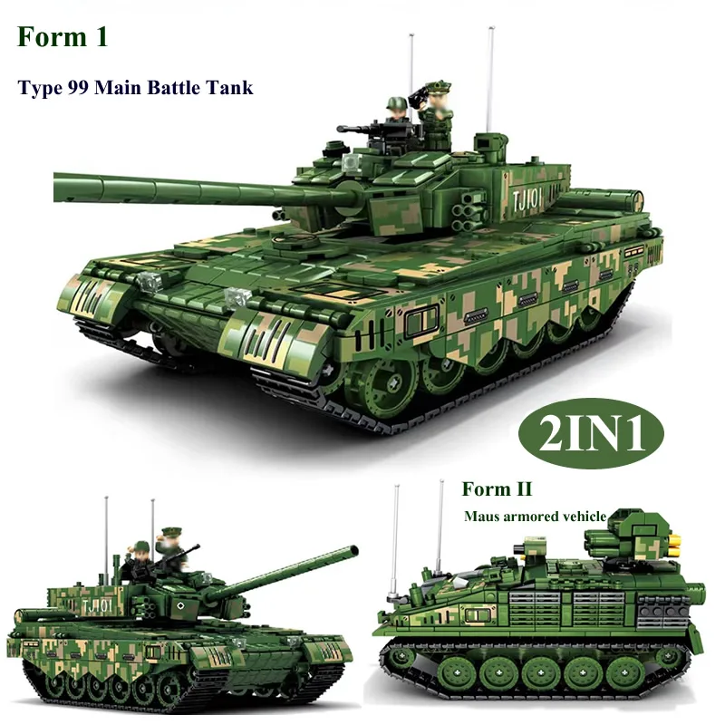 2023 1168 PCS World War II Military 2IN1 99A Tank Maus Armored Vehicle Model Building Block Kit WW2 Army Soldier Toys Kids Gift