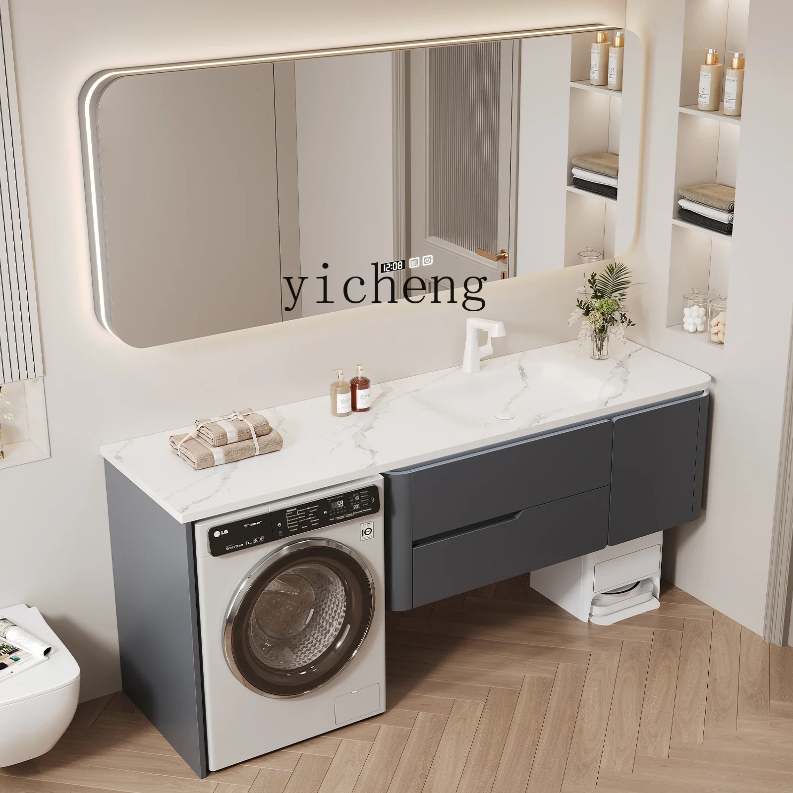 H11- modern rock slab hot bending integrated basin washing machine bathroom cabinet combination bathroom cabinet