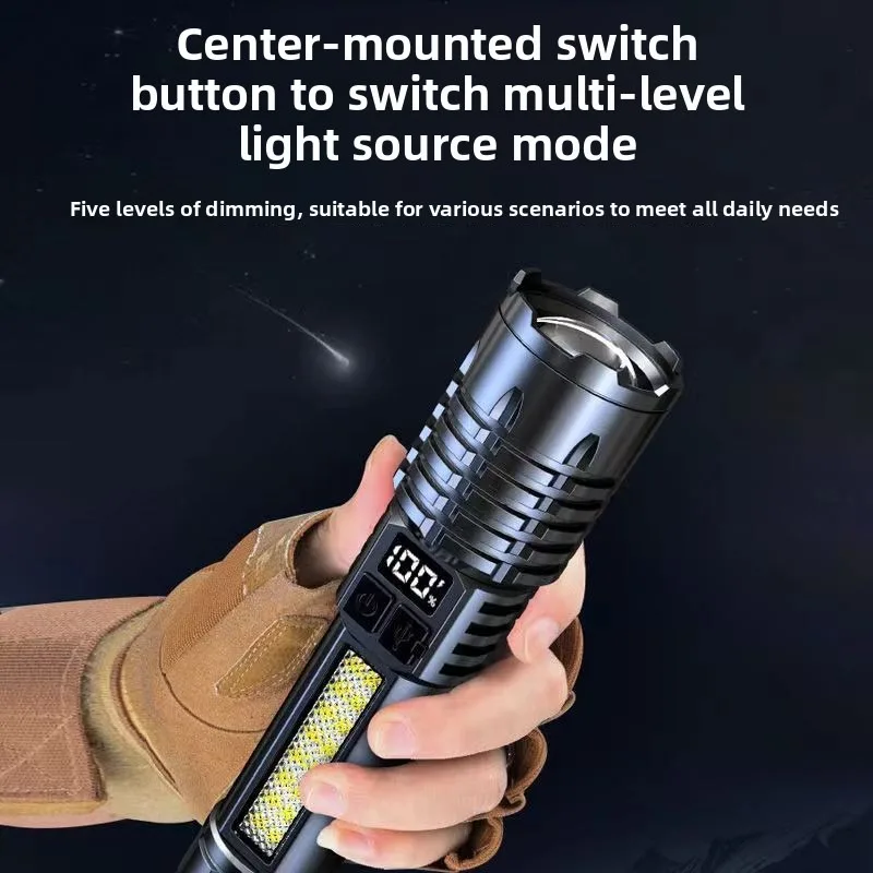 Super Bright LED Flashlight USB C Rechargeable Outdoor Zoomable Side Light Digital Display Long Range Fast Charging
