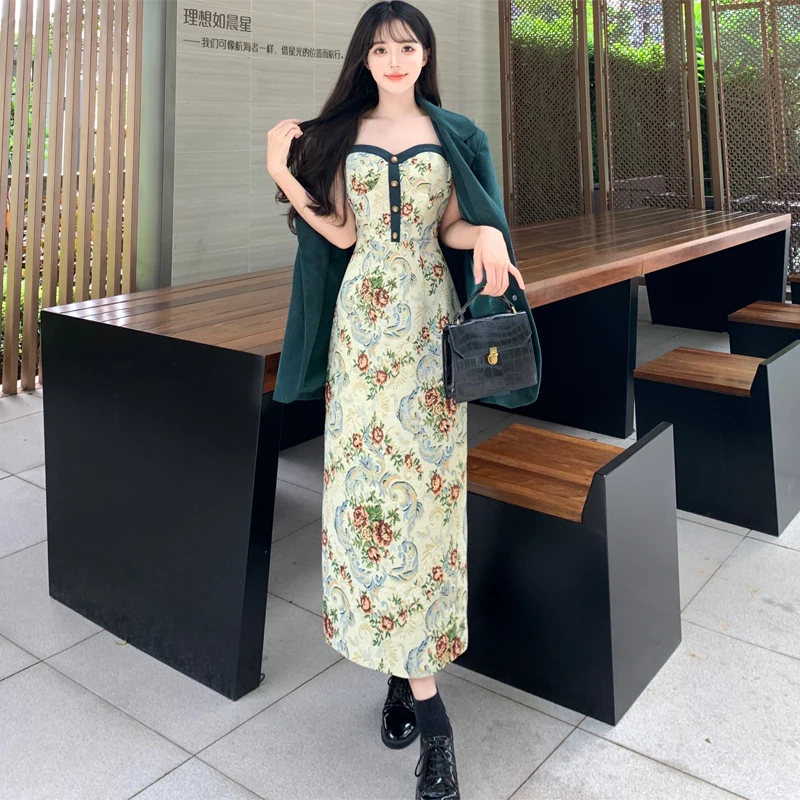 

Elegant Two-piece Set For Women Vintage Jacket Tops And Long Printed Sling Dress Large Size Female Autumn Winter Loose Slim Suit