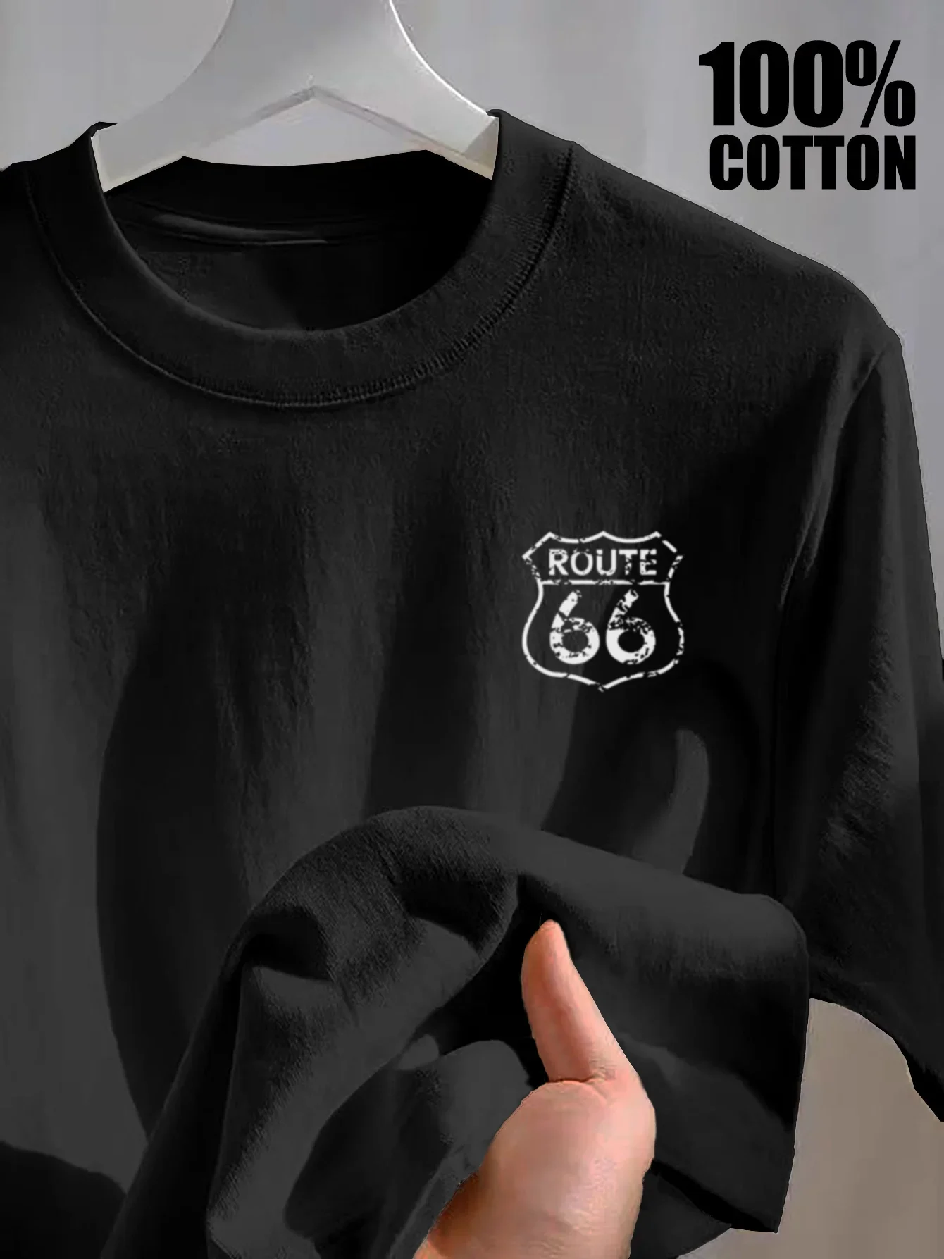 Retro Route 66 Small Logo Pattern Men's T-shirt 100% Pure Cotton Short Sleeved Top