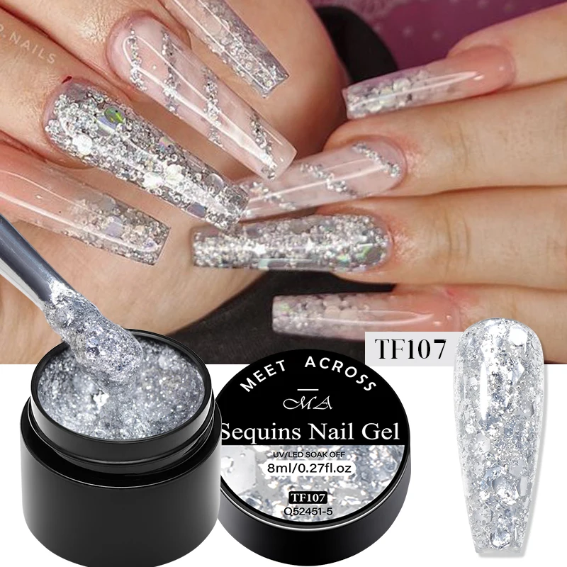 Incontra attraverso 8ml Glitter paillettes Gel smalto per unghie lucido argento scintillante platino rosa Semi permanente Nail Art Gel Manicure