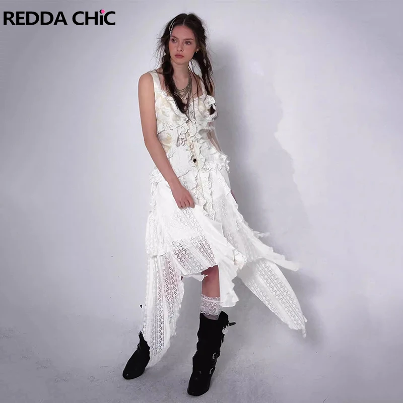 ReddaChic-vestido retrô irregular de babados para mulheres, camada longa, peito único, atadura, emenda, renda, vestido regata, roupa Y2K, anos 90, verão