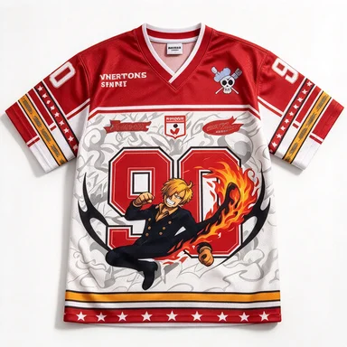One Piece King Yamaharu Red and White Contrast Splicing V-neck Anime Yamaharu Flame Pattern Number 90 Casual Loose Top