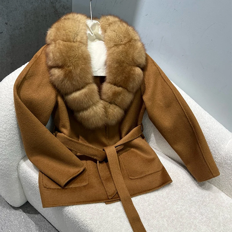 Hot Sale Women Winter Handmade Double Side Woolen Jacket Autumn Special Real Fox Fur Collar Warm Female Short Woolen Coat