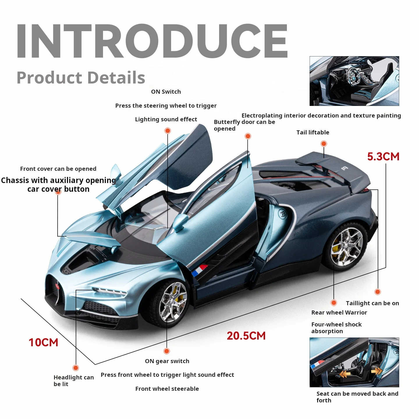 Modello in lega Bugatti tourbillon 24 scala pressofuso modello di auto giocattolo con suono e luce tirare indietro ragazzi regalo ornamenti da collezione
