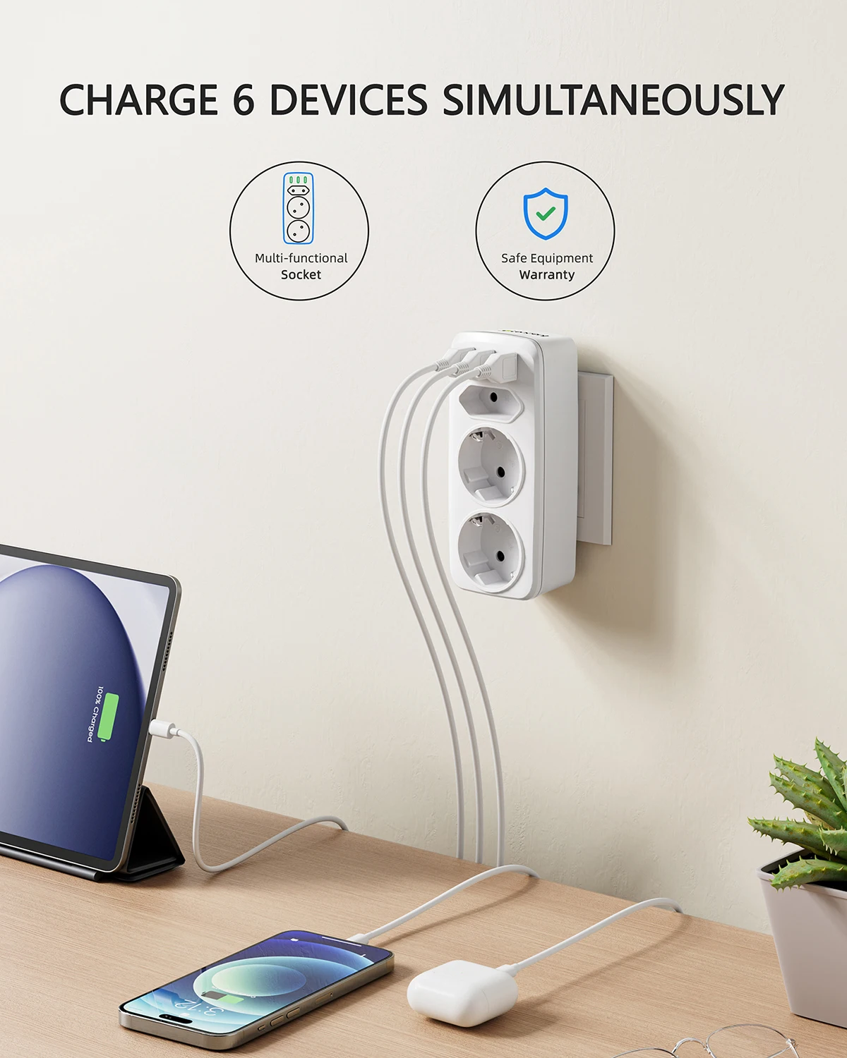 LENCENT EU Plug Multi Wall Socket Extender Power Strip with AC Outlets  USB Ports  Adapter Overload Protection for Home/Office