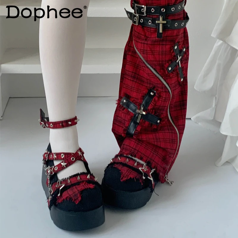 

Original Subculture Punk Fashion Versatile Thick-Soled Shoes Spring and Autumn New Girls' Sweet Cool Red Plaid Platform Shoes