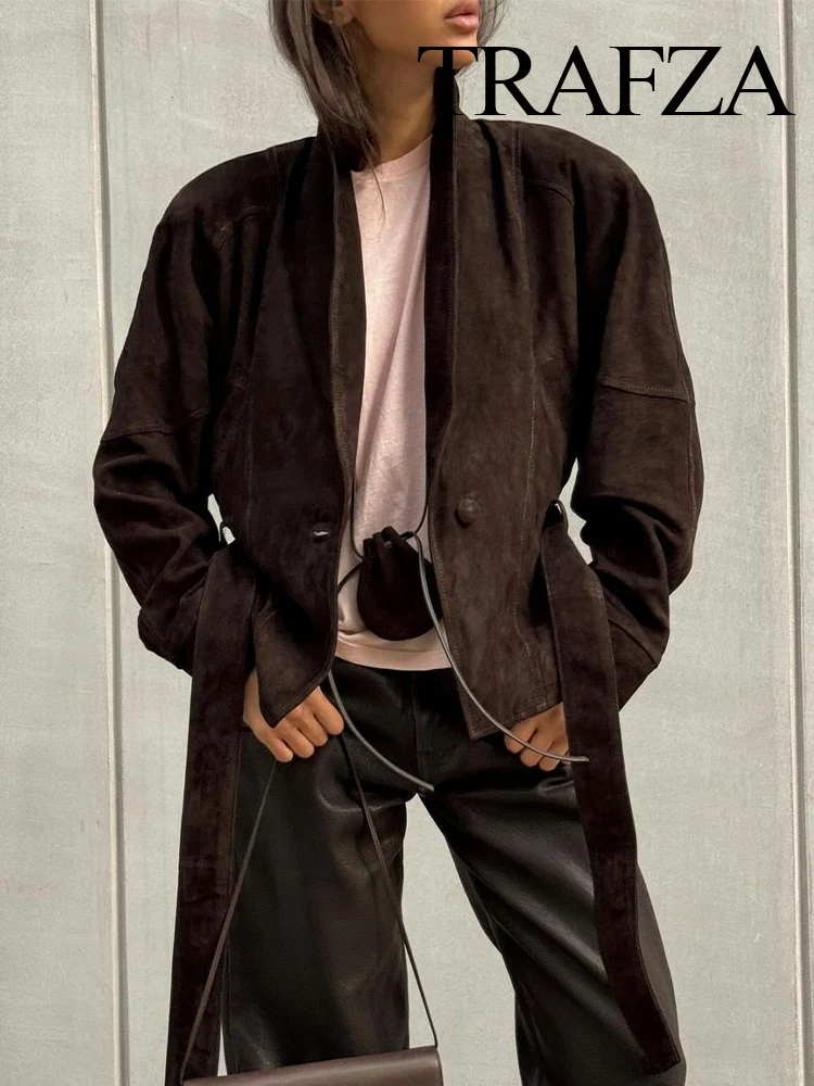 

TRAFZA Autumn Popular Women Fashion Maillard Belt Slim Unique High-end Trench Suede Coat Female High Street Casual Lapel Jacket