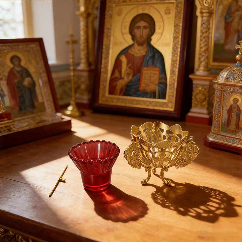 Gold Plated Orthodox Catholic Vigil Lamp with Cross Carvings and Red Glass Cup for Church Liturgy Home Altar Devotion Christian