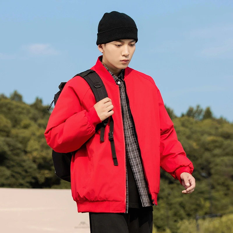 

Red Baseball Collar Cotton Jaet Men's Winter Thiened Warm Loose Fit Jaet Stand Sle Daily Wear Polyester Fiber