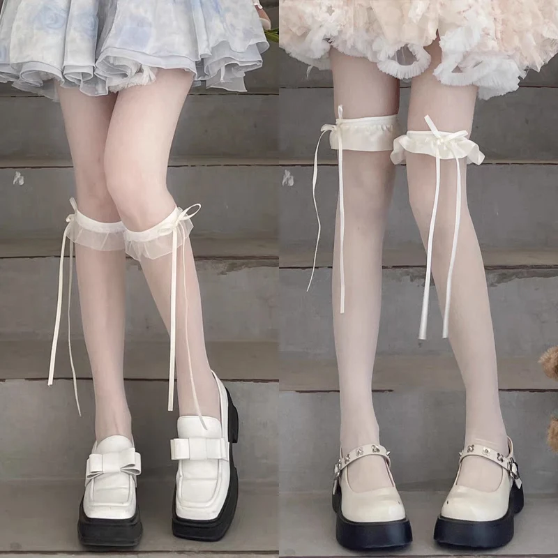 Summer Ultra-thin Stockings Women Girls Sweet Ruffle Overknee Long Socks Thigh High Ribbon Bow Hosiery JK Lolita Lace Leggings