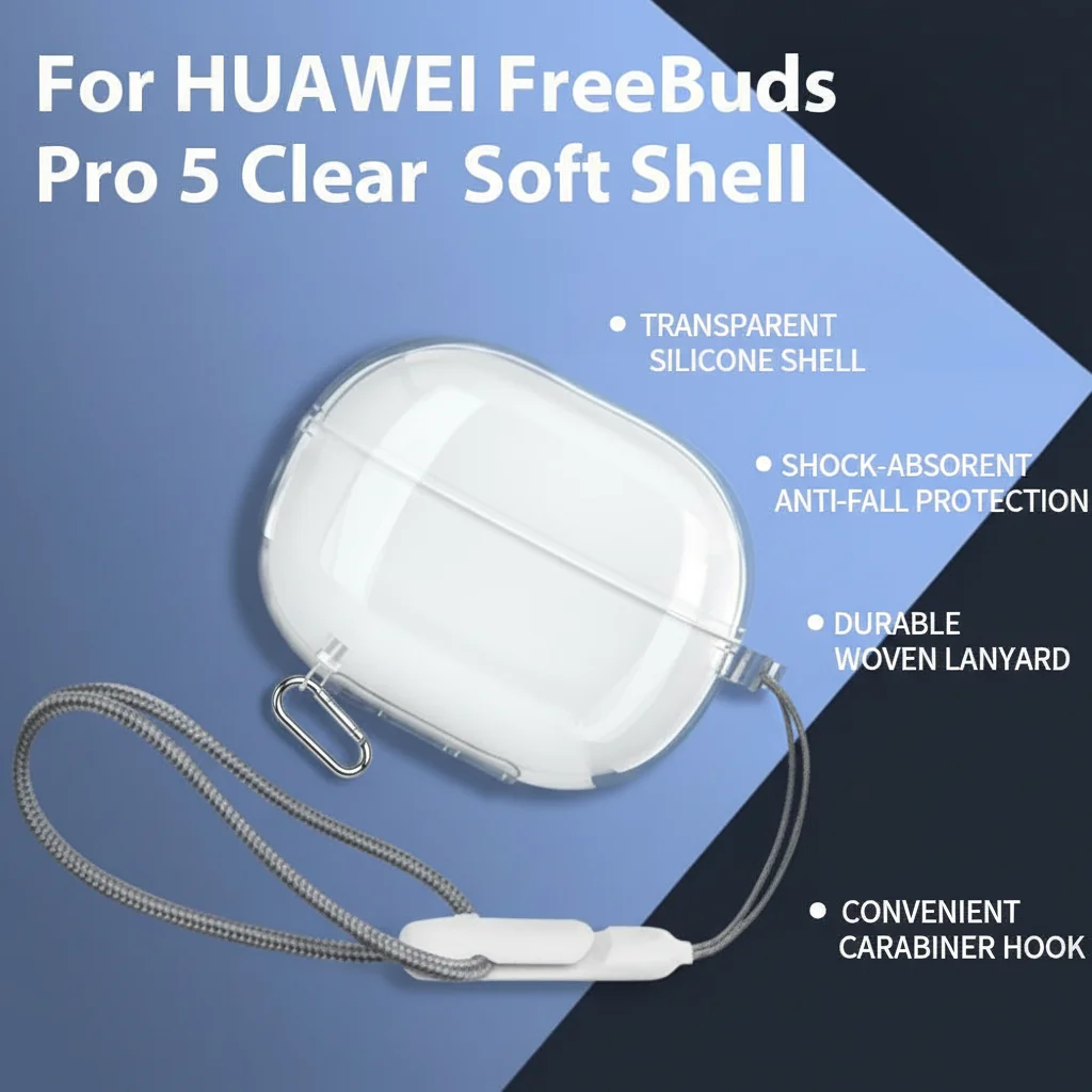 Klare, weiche TPU-Hülle für Huawei FreeBuds Pro 5, Schutzhülle, transparente Silikonhülle, Anti-Fall-Hülle mit Tragebandhaken