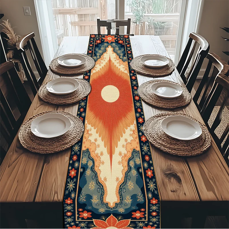 Bohemian Style Table Runner Turquoise Blue And Coral Pink Floral With Burgundy Greek Key Border Greek Key Design Colorful Floral