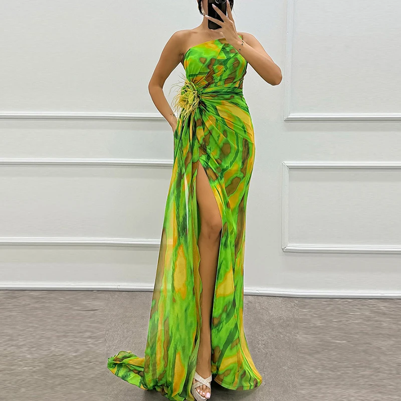 Elegant Floral Print Hight Waist Long Party Dress Fashion Split Women Evening Dress Sexy Diagonal Collar Pleated Chiffon Dresses