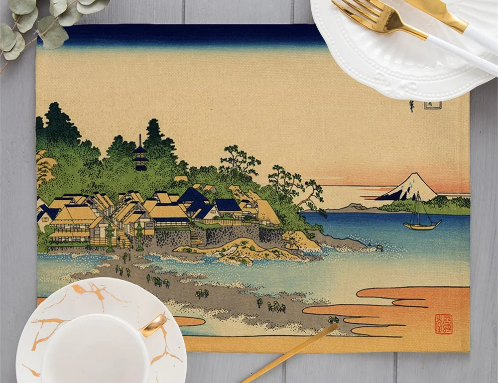 Ukiyoe Japanese The Great Wave of Kanagawa Wave Place Mats Mount Fuji Dining Mat JapanSea Landscape Washable Linen Placemats