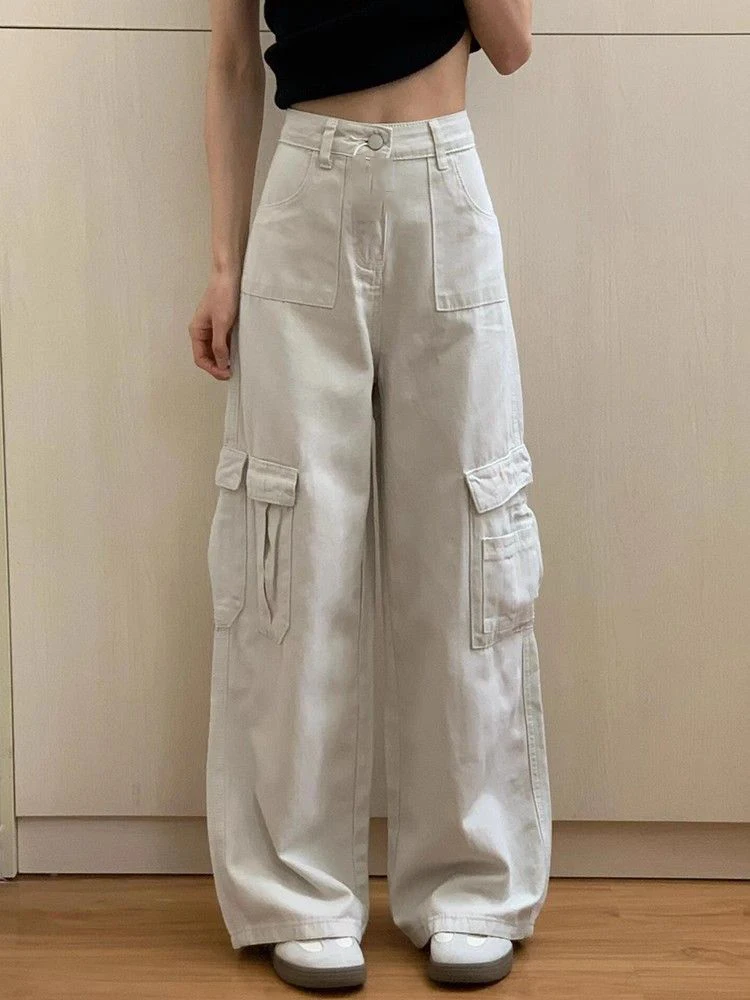 American Style High Waisted Cargo Jeans Women's Autumn New Beige Retro Loose Wide Leg Straight Leg Versatile Trousers