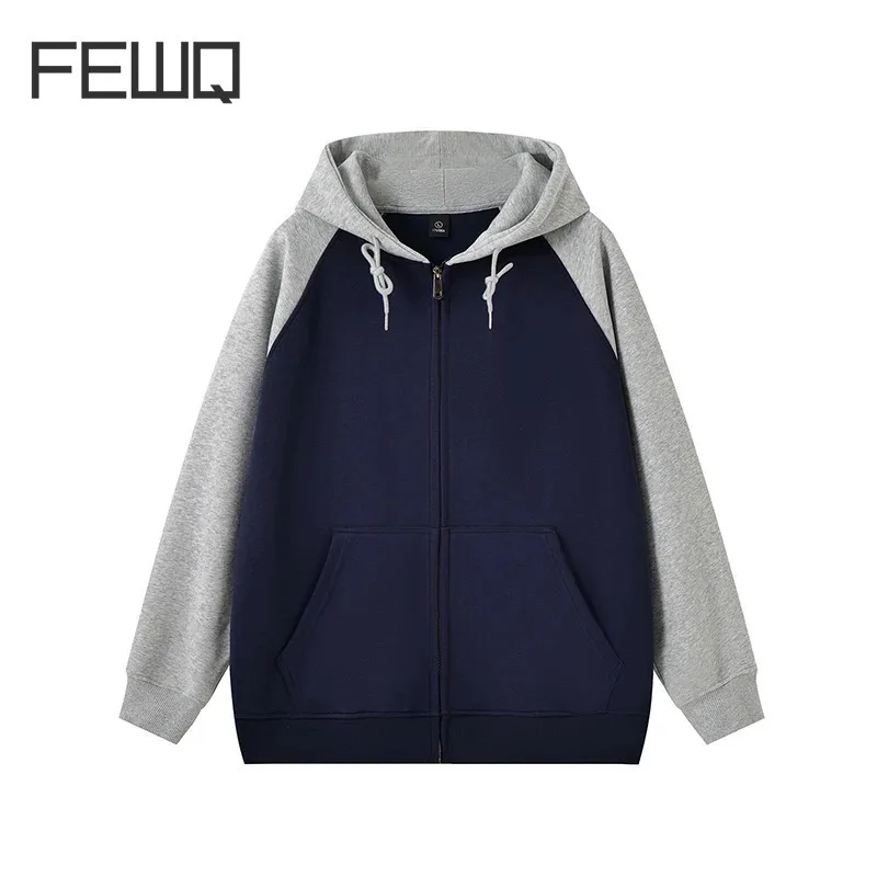 FEWQ Contrasting Color Hooded Men's Sweatshirts Drawstring Big Pockets Casual Menswear Loose Spring Male Clothing 2025 24K1270