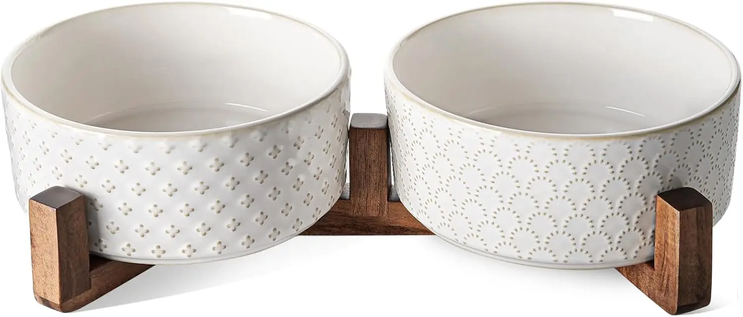 

Ceramic Dog Bowls with Wood Stand - 7 Inch Food & Water Set for Medium-Large Dogs, Weighted Pet Bowls