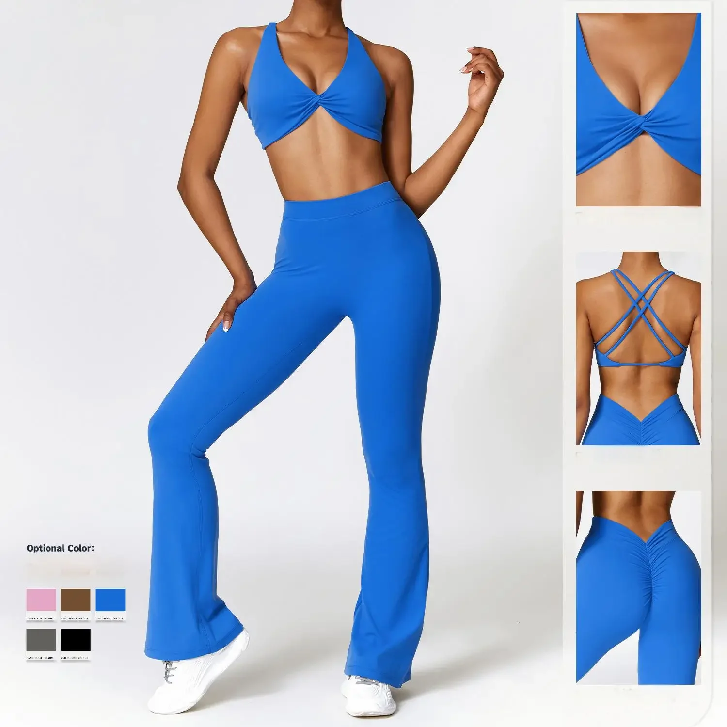 2PCS Cross Twist Sport Bra Flared Leggings Yoga Set Squat Proof Scrunch Legging Workout Pants Gym Fitness Active Wear Suits