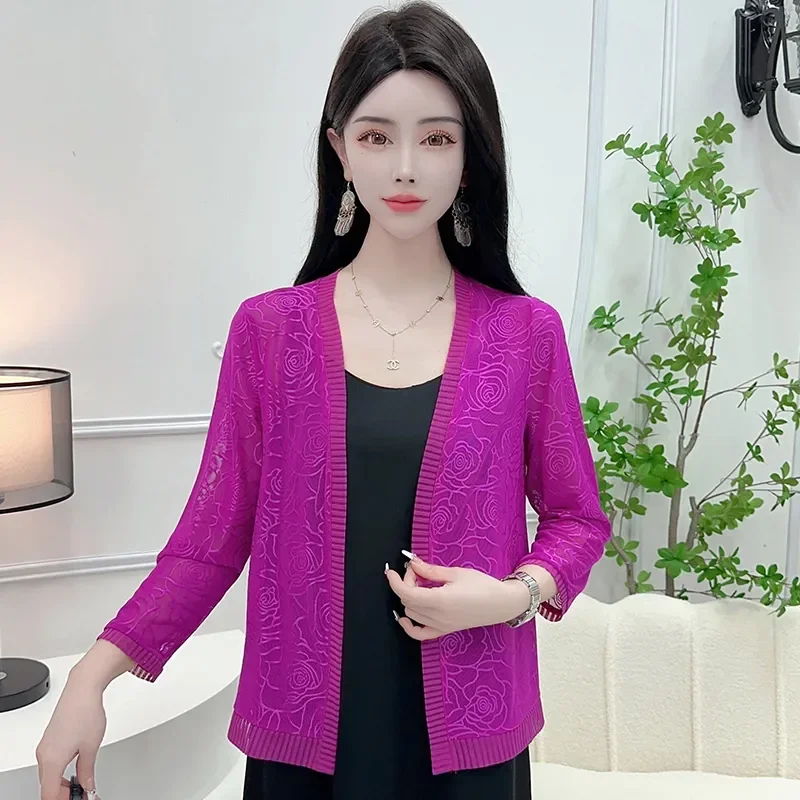 Women's Rose Lace Cardigan 3/4 Sleeve Sheer Sun Shawl Summer Casual Outerwear for Mom