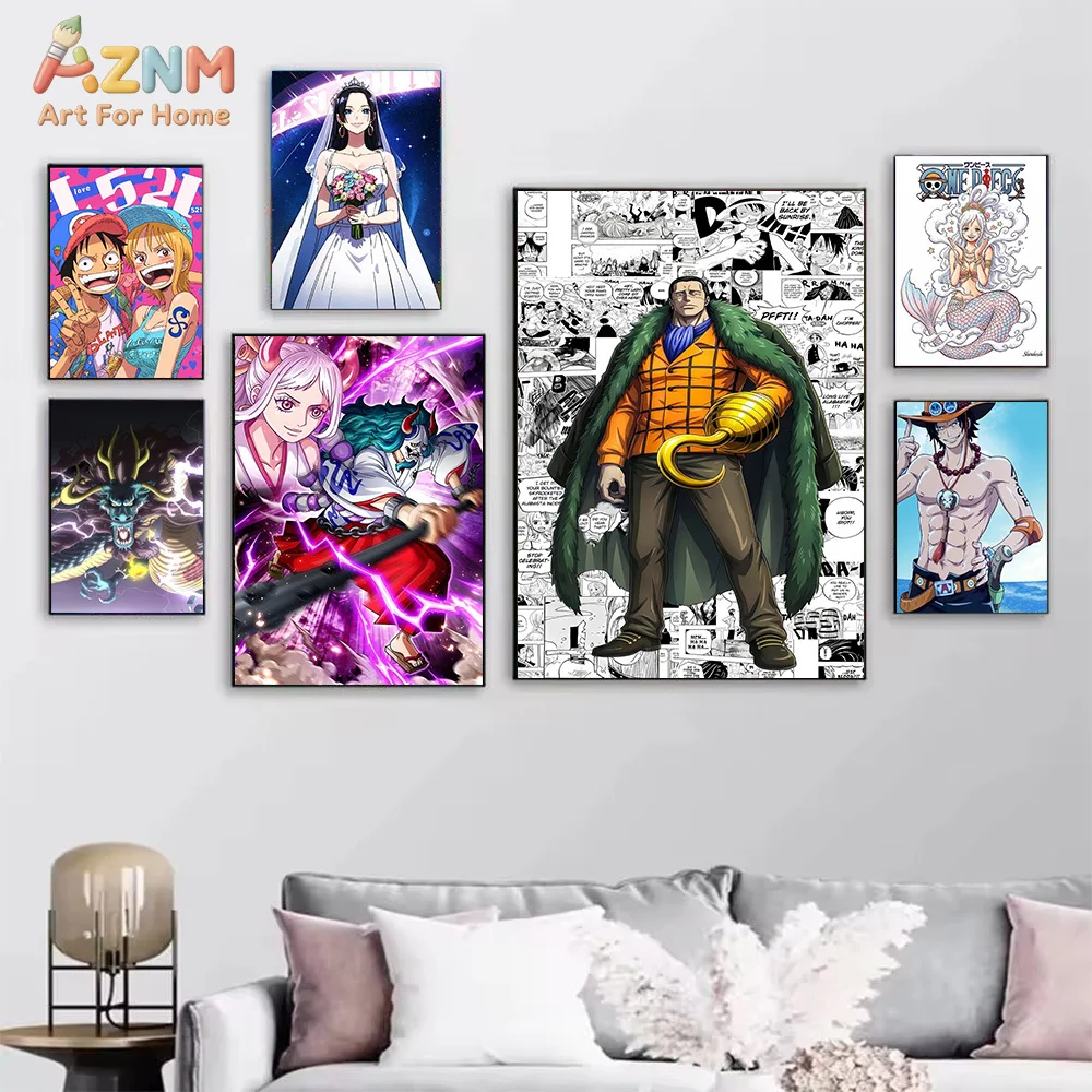 AZNM One Piece Anime Canvas Wall Art Luffy Wanted Poster Chopper Yamato Crocodile Boa Hancock Ace HD Print Frameless Painting Ja