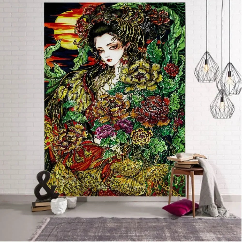 

Psychedelic plant character art tapestry home hippie witchcraft wall decoration blanket room cartoon background cloth bed sheet