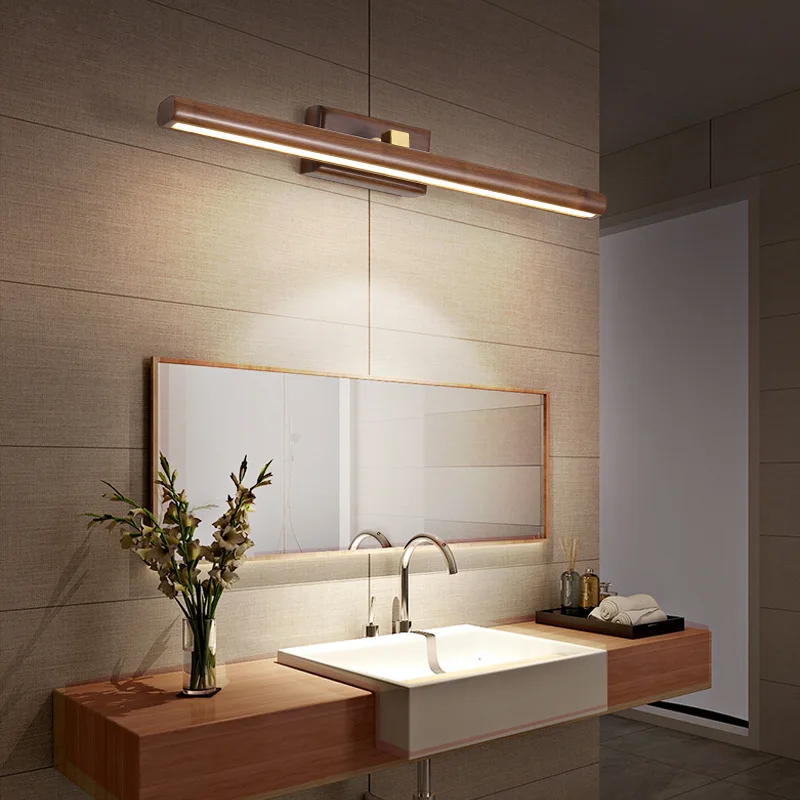 Lámpara de espejo de nogal negro, tira larga con personalidad de madera maciza, tocador de baño Simple, armario con espejo escandinavo, luz Led de