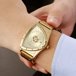 Reloj deportivo de cuarzo para hombre, cronógrafo triangular de acero inoxidable, resistente al agua, color dorado, 2024