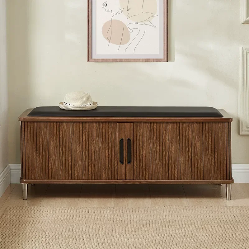 North American Black Walnut Solid Wood Shoe Change Stool Home Entrance Bench Rolling Shutter Door Shoe Cabinet Sliding Door