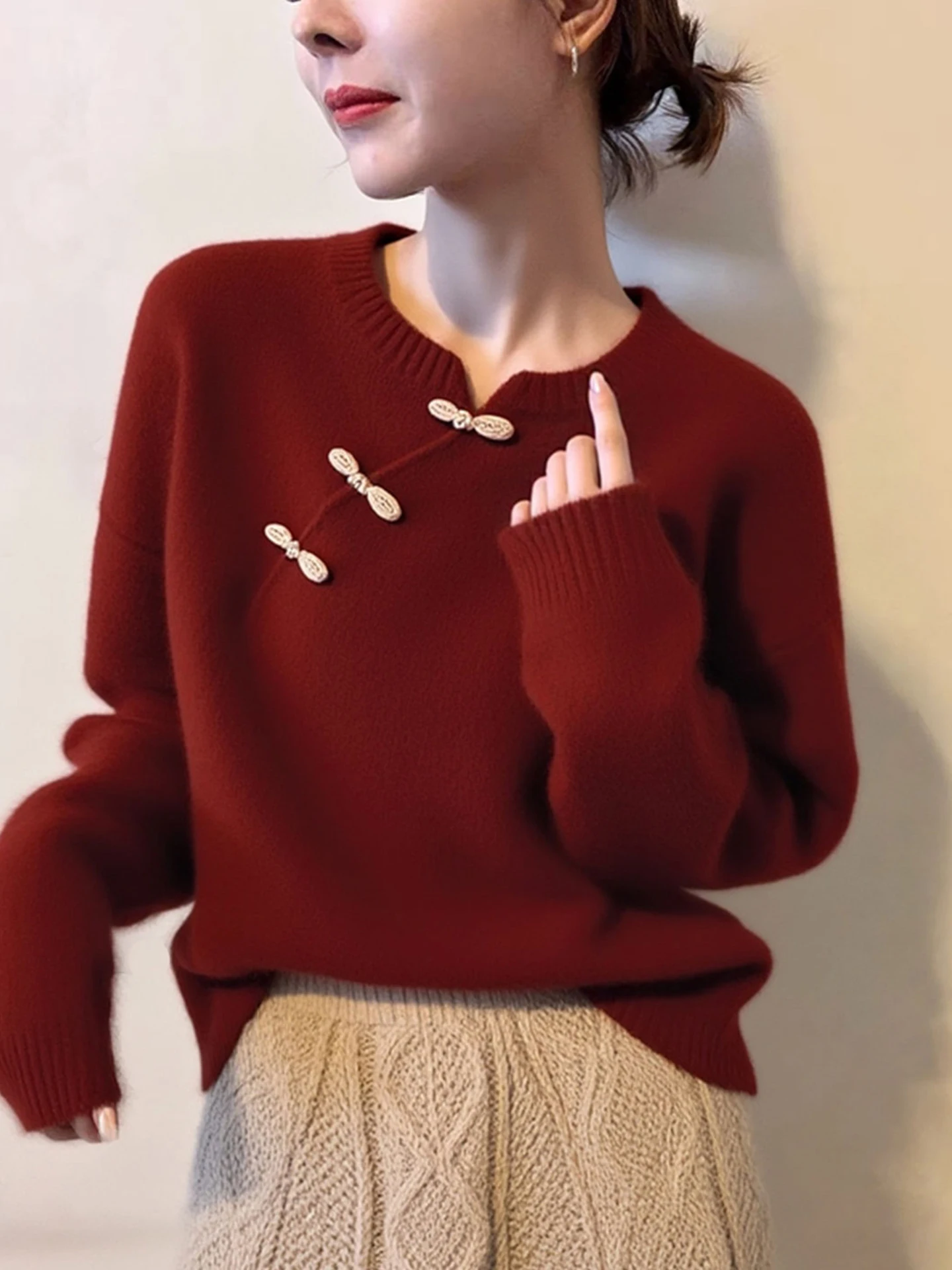 Maglione lavorato a maglia versatile rosso di Capodanno Casual Camere Long Sve Winter Faionable Overhead Top coreano Sle Loose Fit