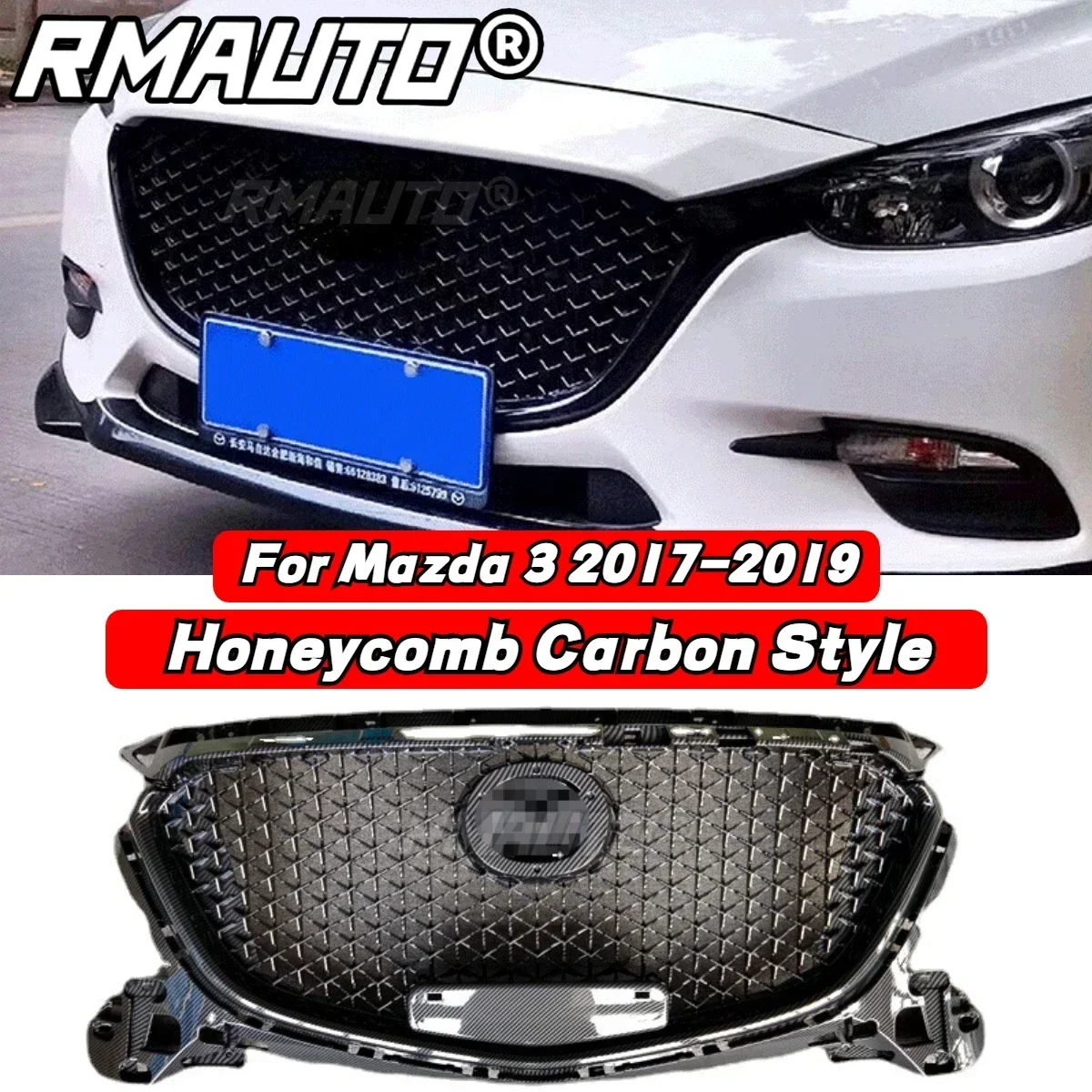 For Mazda 3 Axela 2017-2019 Carbon Fiber Front Bumper Grill Honeycomb Style Racing Grill Mazda 3 Axela Car Accessories Body Kit