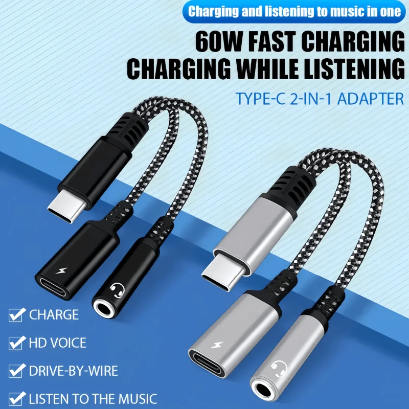 GITFOS 2in1 1in1 USB Type C to 3.5mm Headphone Audio Aux Jack Adapter PD 60W Fast Charging Cable for iPhone 15/16/17 Samsung