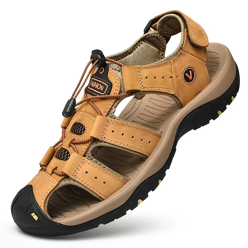 Zapatos de talla grande para hombre, sandalias de verano de cuero genuino, informales, para exteriores, playa, romanas, 38-48