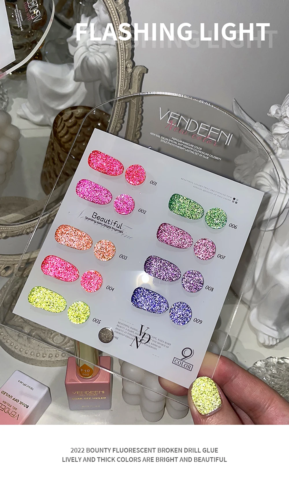 Vendeeni 9 Farben/Set Glitzer-Broken-Diamond-Gel-Nagellack, semi-permanenter fluoreszierender UV-LED-Soak-Off-Gel-Lack mit Display – Detail 6