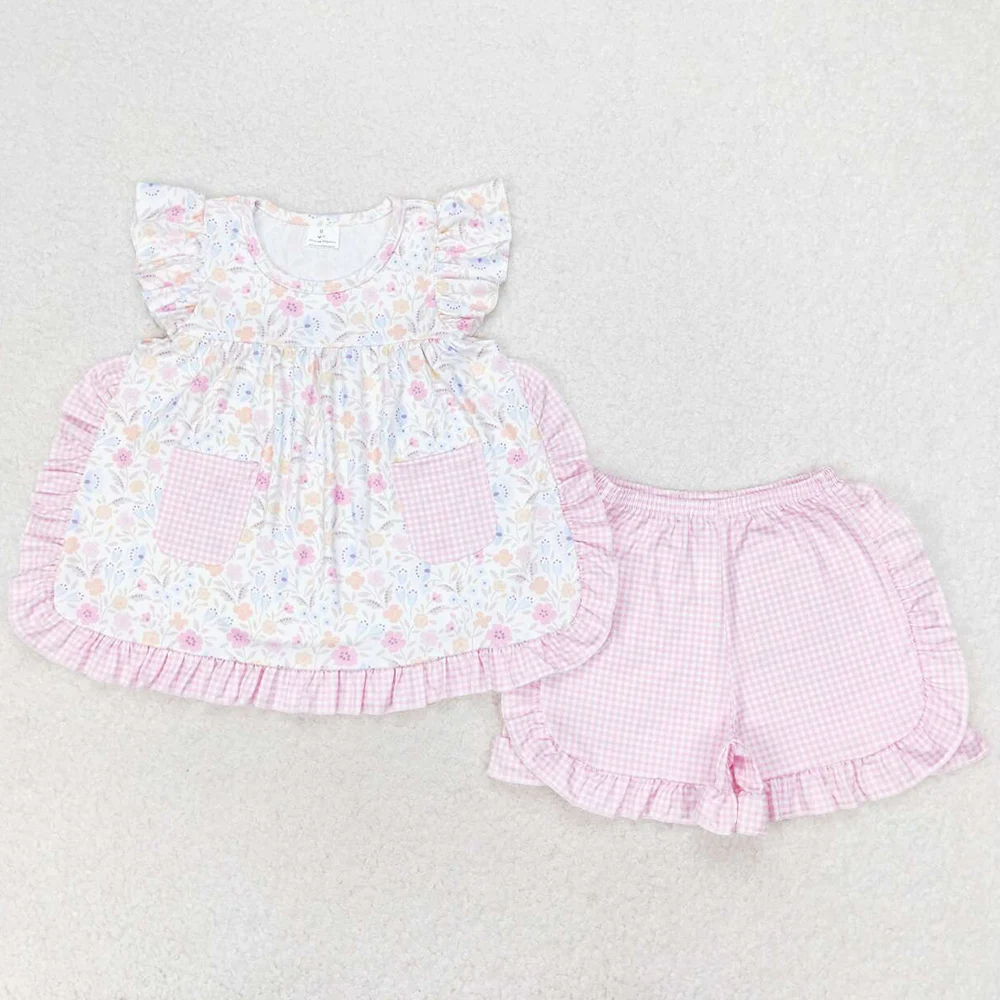 Boutique Toddler Baby Girls Clothes Pink Flowers Pockets Tunic Top Ruffle Shorts Sets Summer Kids Children Clothing Girls Suit