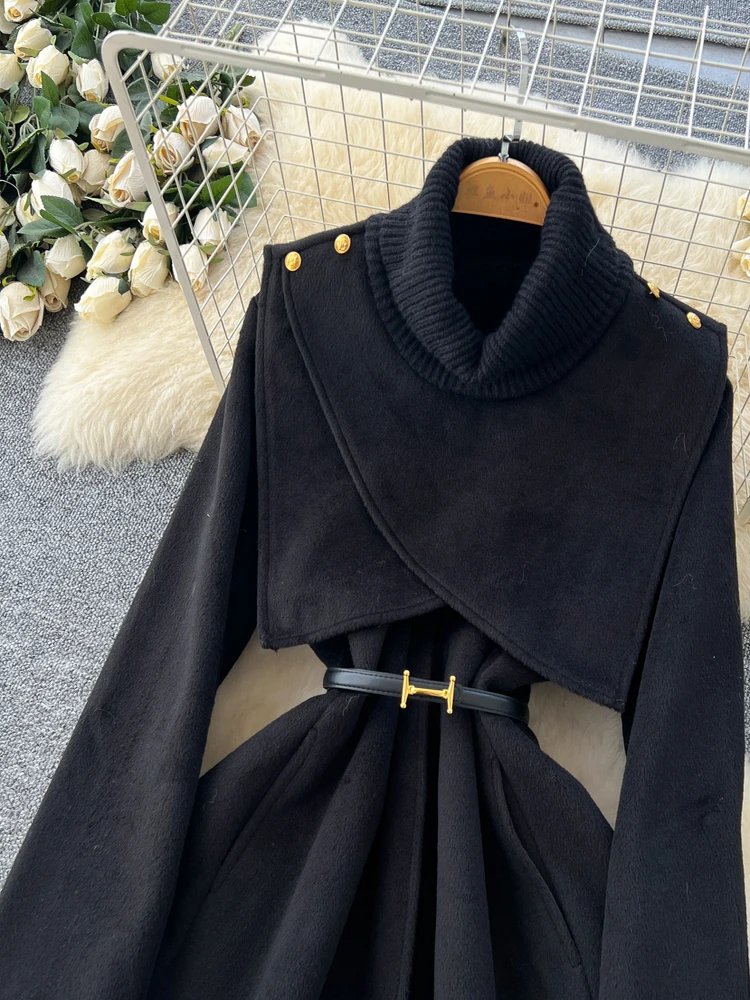 エレ ハイウエスト ニット ウール コート ベースレイヤー ハイネック ツーピースセット レディース ファッション 通勤 スタイル Aラインスカート