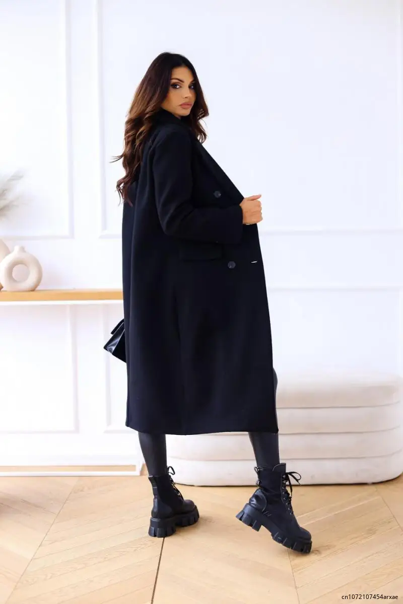 Adult Female Spring and Autumn New Simple Solid Color Lapel Collar Long Sleeves Coat Women Double Breasted Woolen Jacket