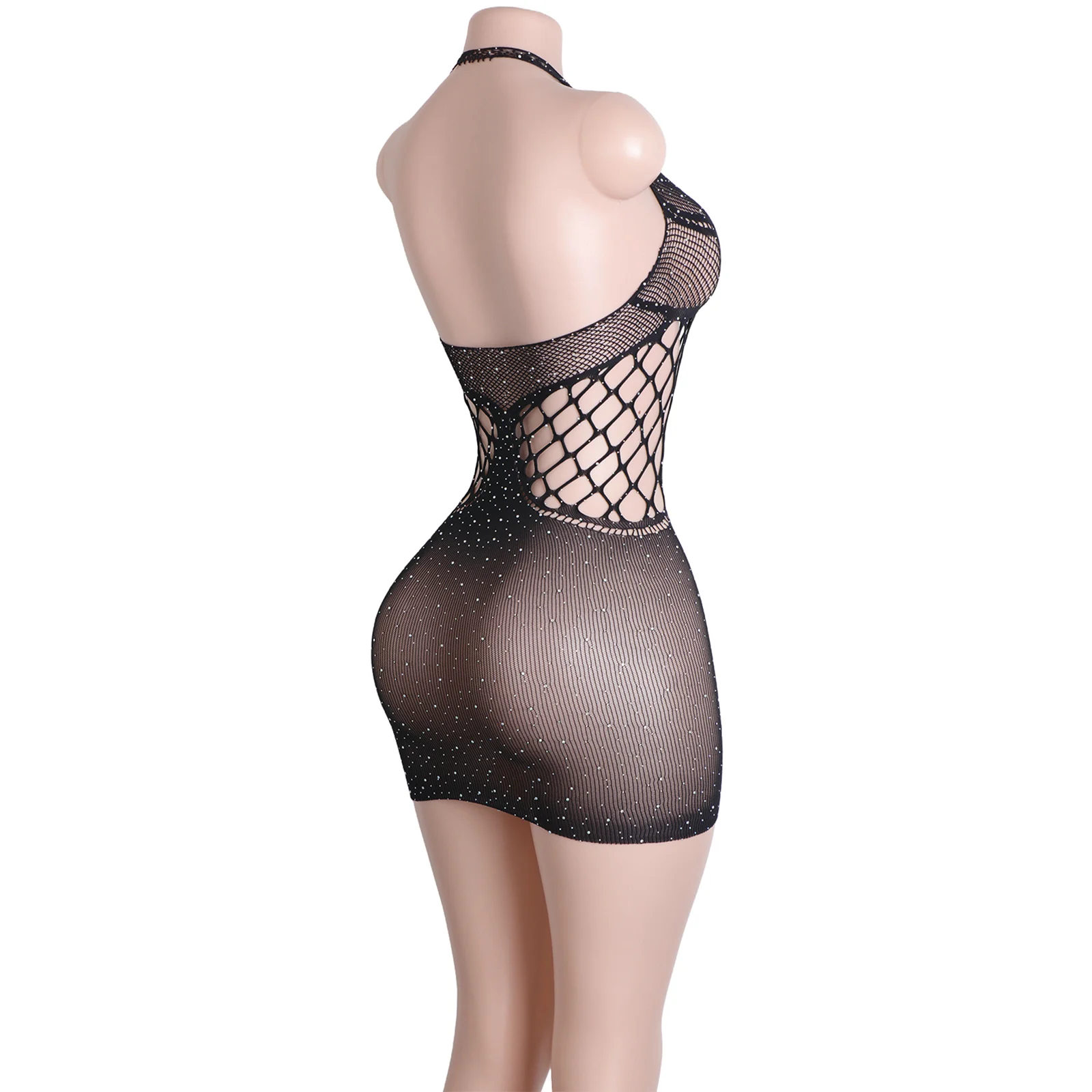 Strappy حجر الراين اللباس شبكة صيد السمك مثير بلا أكمام تصميم كلوبوير أداء الزي صافي المرحلة حلي