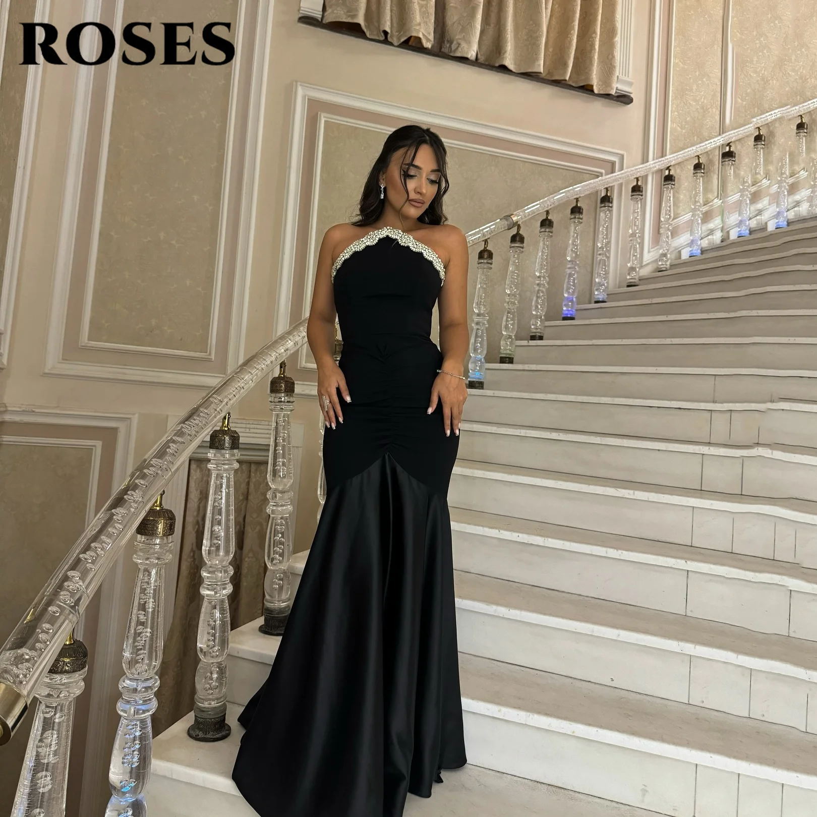 

ROSES Black Evening Dress Strapless Mermaid فساتين السهرة with Beaded Neckline robes de soirée for Women Customized