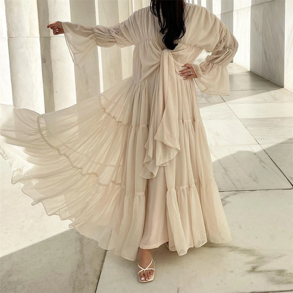 Arabic Abayas For Women Muslim Long Dress Solid Elegant Dubai Kaftan Islam Clothing Ruffle Maxi Robe Kimono Casual Spring Autumn