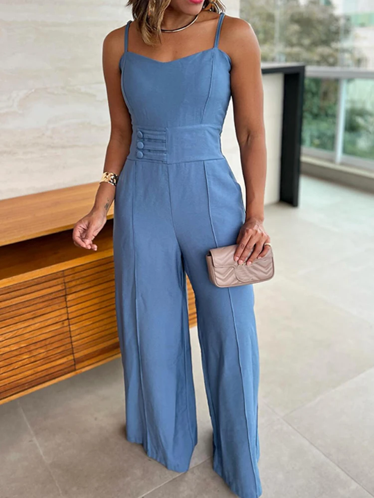 

Spaghetti Strap Waist Button Jumpsuit Casual Back Shirred Wide Leg Romper