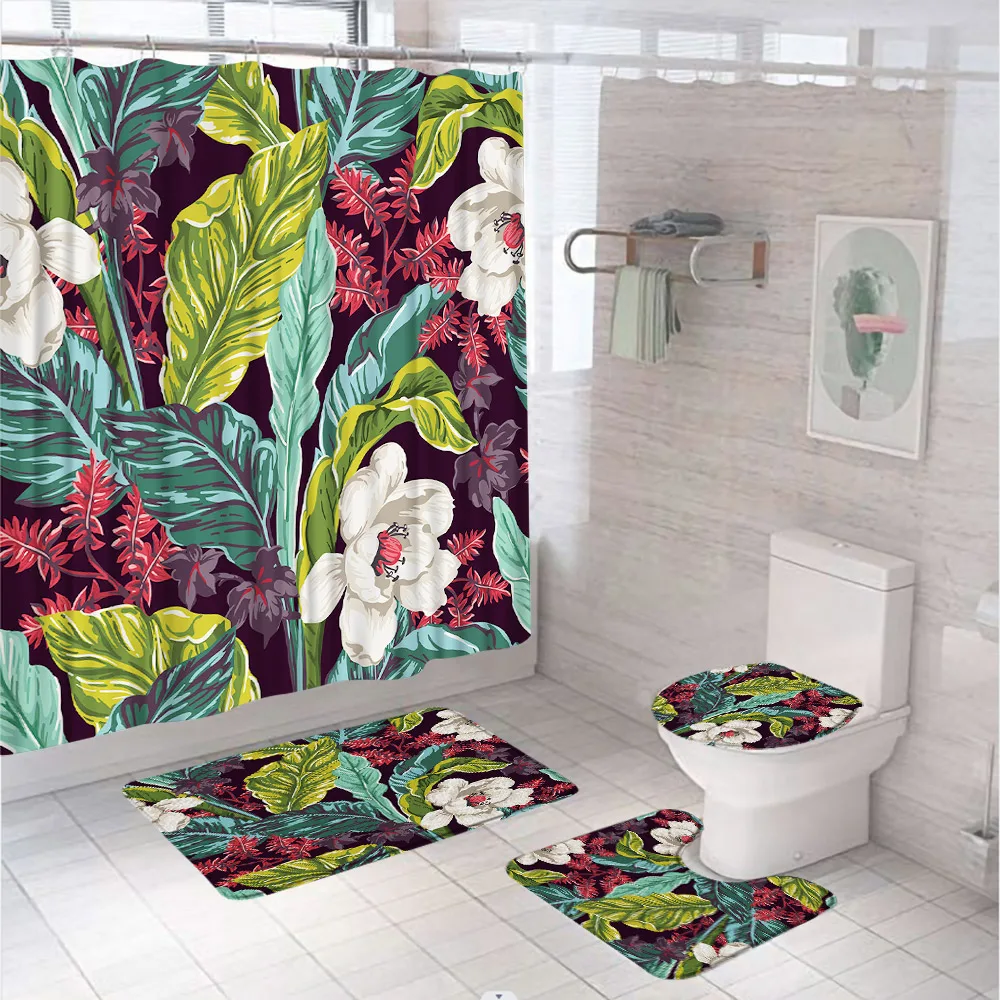 

Watercolor Tropical Leaves Flower Shower Curtain Set Floral Plant Bathroom Screen Curtains Anti-slip Bath Mat Toilet Cover Cover
