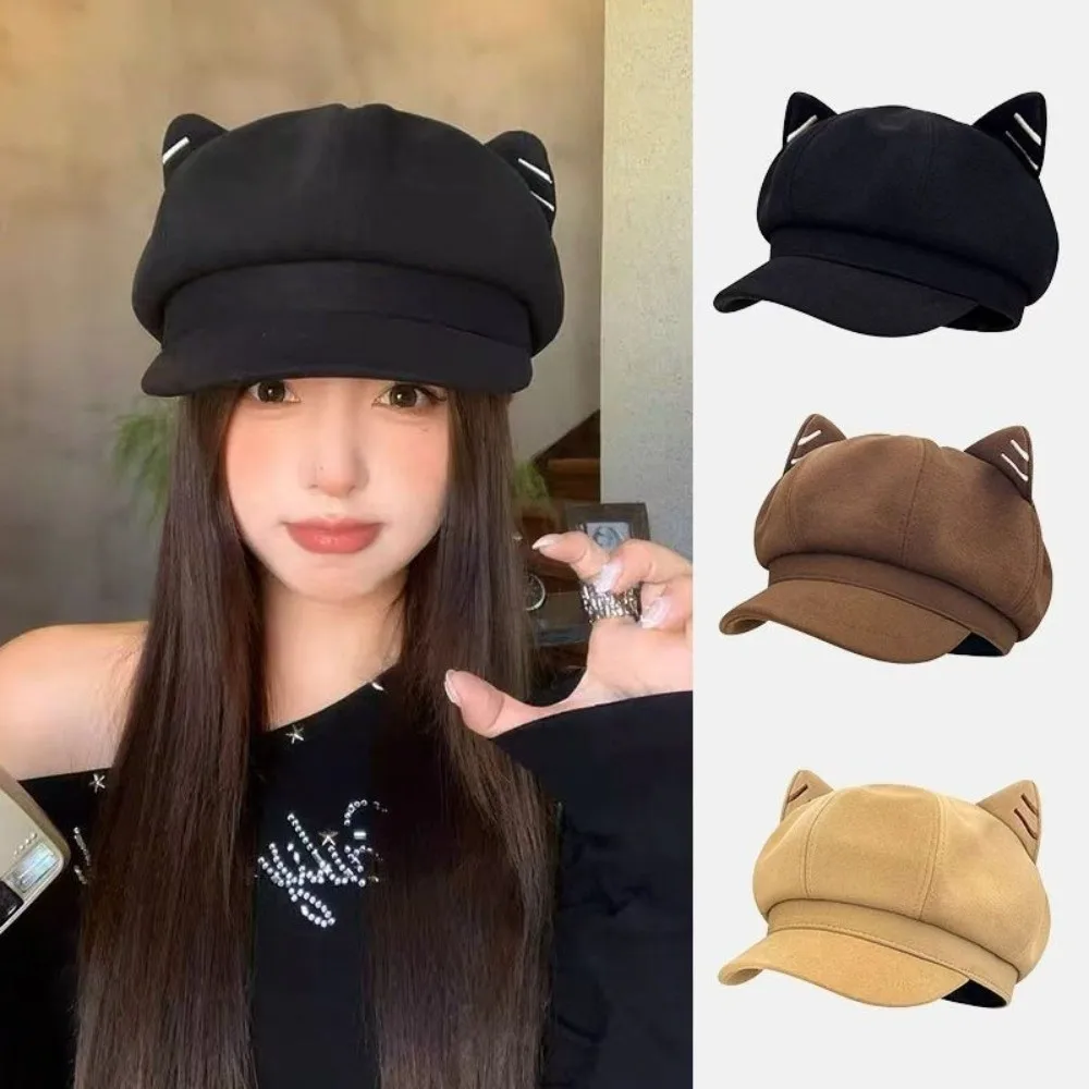 

Fashion Solid Color Cat Ear Hat Woolen Japanese Style British Beret Hat Y2K Adjustment Octagonal Cap Painter