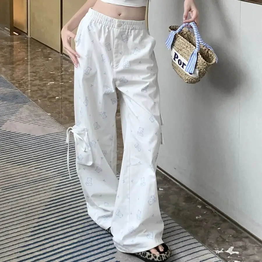 Cute Bear Printed Casual Overalls Elastic Waist Bow Tie Loose Wide Leg Pants Women summer white cartoon bear long pants