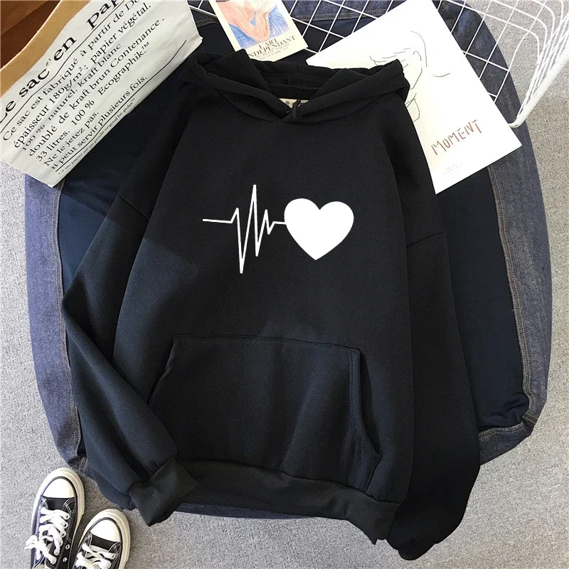 امرأة مقنعين البلوز عارضة الأزياء القلب طباعة هوديس السيدات المنزل في الهواء الطلق الراحة البلوز اليومية الرياضة فضفاض هودي أعلى #6